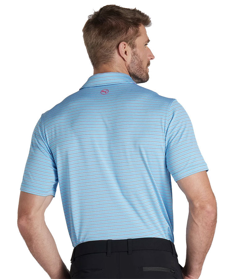 Puma Mens MATTR Bay Golf Polo Model back in Garnet Rose / Aqua Blue with simple thin stripes in different colors and contrast button placket lining at the collar.