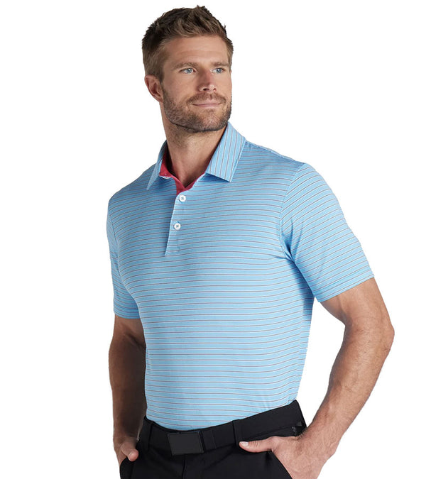 Puma Mens MATTR Bay Golf Polo Model Front in Garnet Rose / Aqua Blue with simple thin stripes in different colors and contrast button placket lining at the collar.