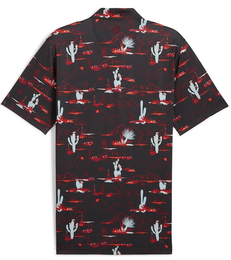 Puma Mens MATTR Bushland Golf Polo back in Puma Black / Intense Red with a print of sketched outlines of desert plants, cactus, mountains, and clouds. Contrasting color on the inside of the button placket.