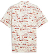 Puma Mens MATTR Bushland Golf Polo back in Warm White / Silver Sky with a print of sketched outlines of desert plants, cactus, mountains, and clouds. Contrasting color on the inside of the button placket.