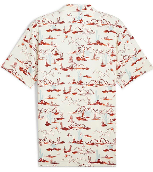 Puma Mens MATTR Bushland Golf Polo back in Warm White / Silver Sky with a print of sketched outlines of desert plants, cactus, mountains, and clouds. Contrasting color on the inside of the button placket.