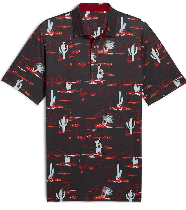 Puma Mens MATTR Bushland Golf Polo Front in Puma Black / Intense Red with a print of sketched outlines of desert plants, cactus, mountains, and clouds. Contrasting color on the inside of the button placket.