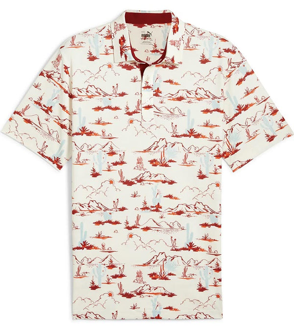 Puma Mens MATTR Bushland Golf Polo Front in Warm White / Silver Sky with a print of sketched outlines of desert plants, cactus, mountains, and clouds. Contrasting color on the inside of the button placket.