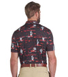 Puma Mens MATTR Bushland Golf Polo Model back in Puma Black / Intense Redwith a print of sketched outlines of desert plants, cactus, mountains, and clouds. Contrasting color on the inside of the button placket.