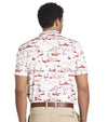 Puma Mens MATTR Bushland Golf Polo modelback in Warm White / Silver Sky with a print of sketched outlines of desert plants, cactus, mountains, and clouds. Contrasting color on the inside of the button placket.