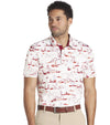 Puma Mens MATTR Bushland Golf Polo model front in Warm White / Silver Skywith a print of sketched outlines of desert plants, cactus, mountains, and clouds. Contrasting color on the inside of the button placket.