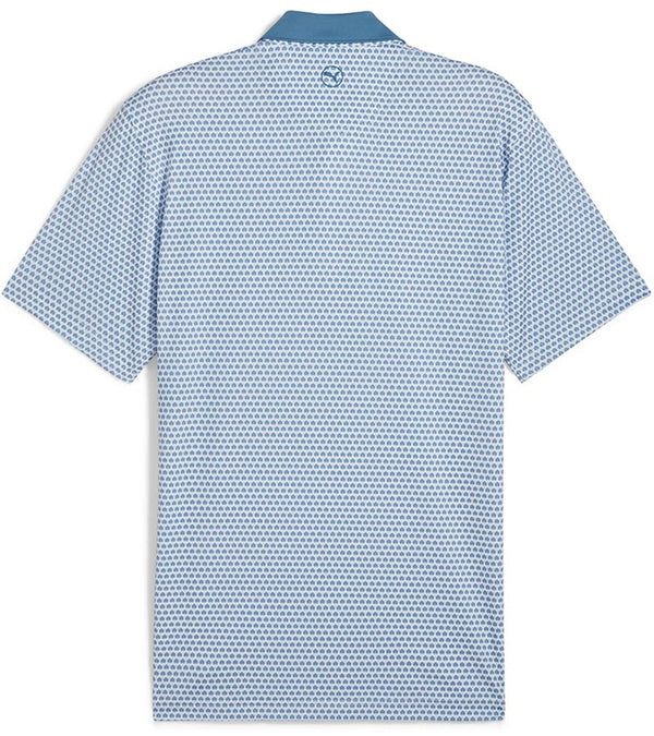 Puma Mens MATTR Century Golf Polo back in Blue Horizon / Mauved Out with a micro all-over pattern print and contrasting collar with vibrant inner placket color that adds a pop of color.
