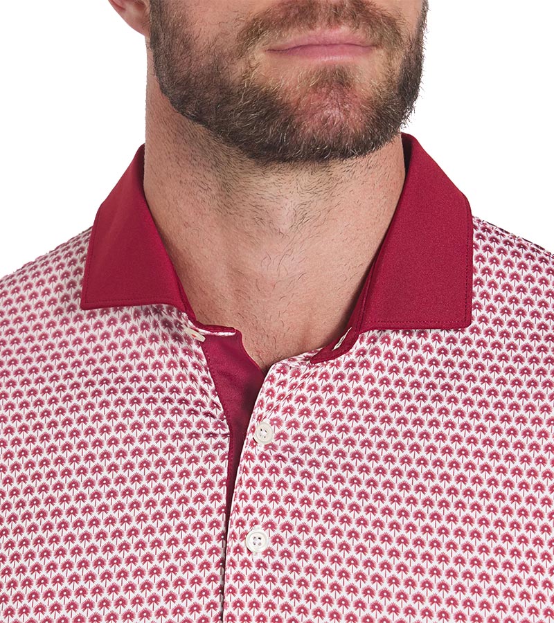 Puma Mens MATTR Century Golf Polo closeup of collar in Intense Red / Silver Sky with a micro all-over pattern print and contrasting collar with vibrant inner placket color that adds a pop of color.