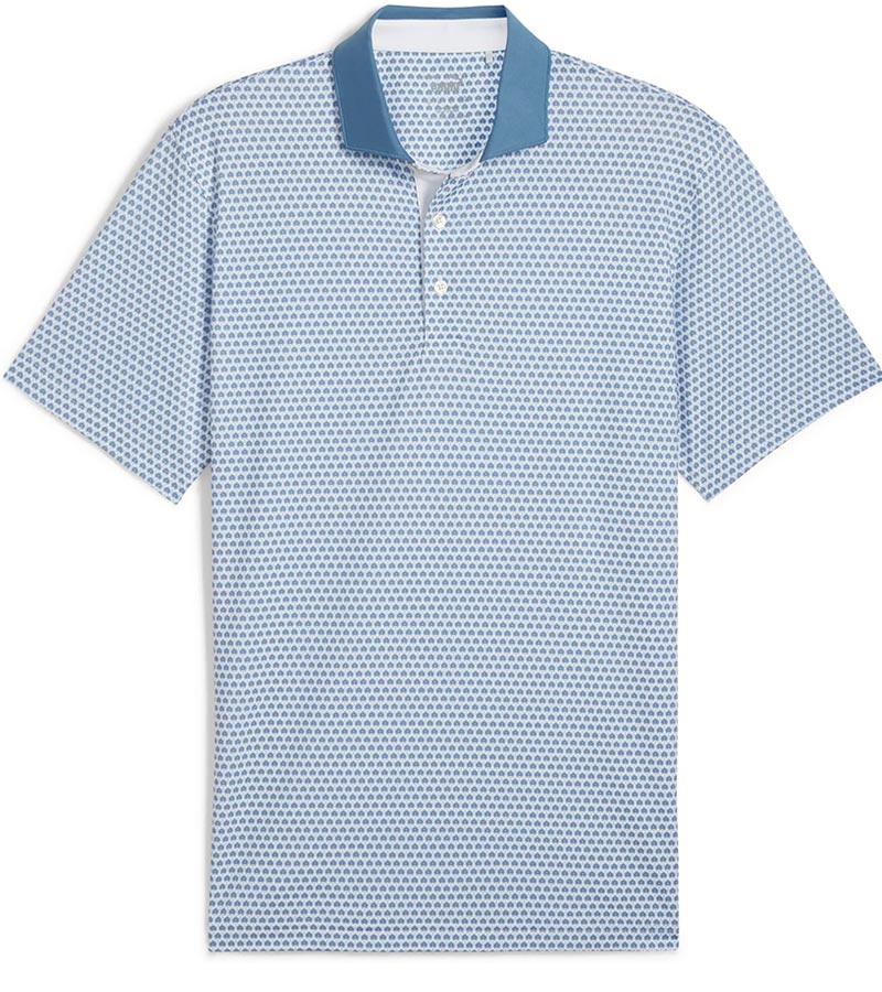 Puma Mens MATTR Century Golf Polo Front in Blue Horizon / Mauved Out with a micro all-over pattern print and contrasting collar with vibrant inner placket color that adds a pop of color.
