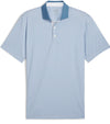 Puma Mens MATTR Century Golf Polo Front in Blue Horizon / Mauved Out with a micro all-over pattern print and contrasting collar with vibrant inner placket color that adds a pop of color.
