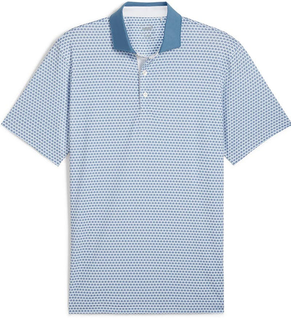 Puma Mens MATTR Century Golf Polo Front in Blue Horizon / Mauved Out with a micro all-over pattern print and contrasting collar with vibrant inner placket color that adds a pop of color.
