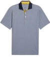 Puma Mens MATTR Century Golf Polo Front in Deep Navy / Pele Yellow with a micro all-over pattern print and contrasting collar with vibrant inner placket color that adds a pop of color.
