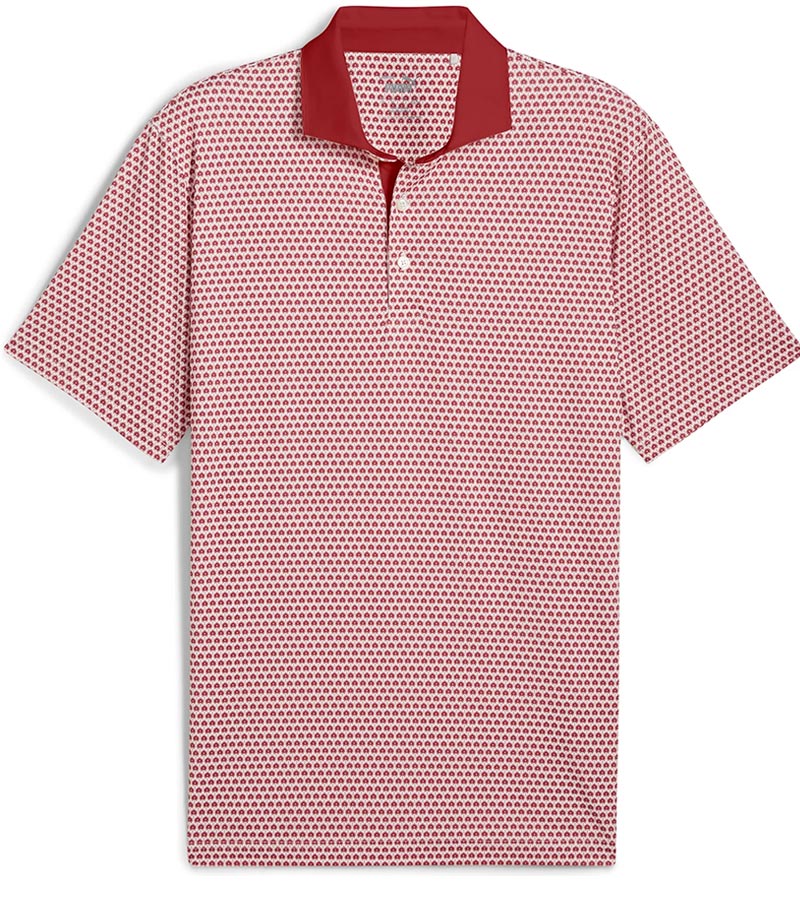 Puma Mens MATTR Century Golf Polo Front in Intense Red / Silver Sky with a micro all-over pattern print and contrasting collar with vibrant inner placket color that adds a pop of color.
