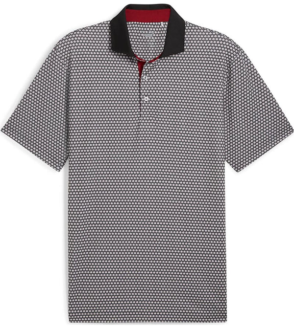 Puma Mens MATTR Century Golf Polo Front in Warm White / Intense Red with a micro all-over pattern print and contrasting collar with vibrant inner placket color that adds a pop of color.