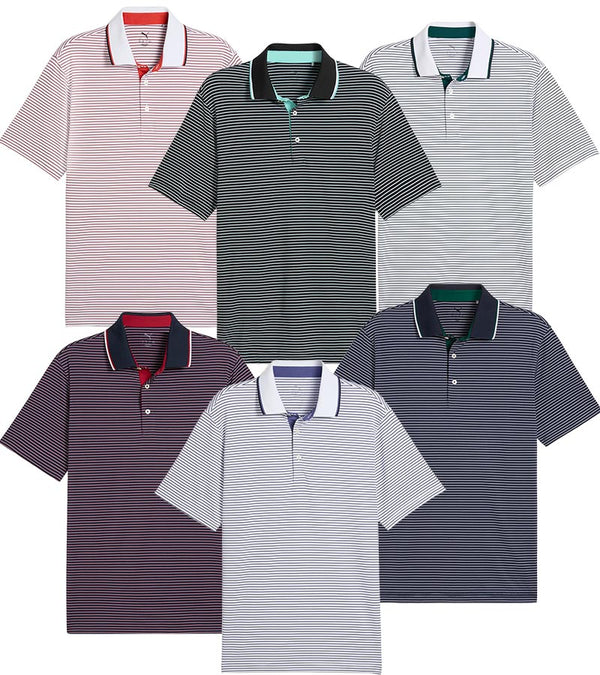 MATTR Elevated Stripe Mens Golf Polo   in 6 colors front view: Puma Black / Aquatic, Red Fire / Deep Navy, Dark Myrtle / Deep Navy, Blue Crystal / Deep Navy, Deep Navy / Dark Myrtle,  Deep Navy / Dark Crimson
