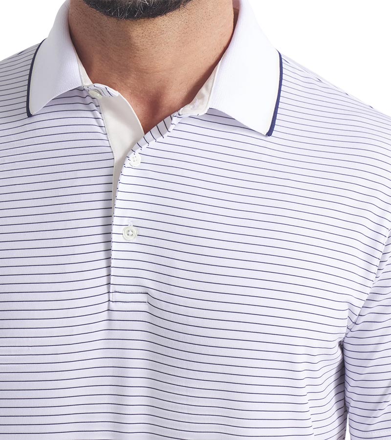 Puma Mens MATTR Elevated Stripe Golf Polo in  Alpine Snow / Deep Navy  - closeup of tipped collar and 3 button placket