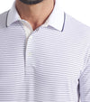 Puma Mens MATTR Elevated Stripe Golf Polo in  Alpine Snow / Deep Navy  - closeup of tipped collar and 3 button placket