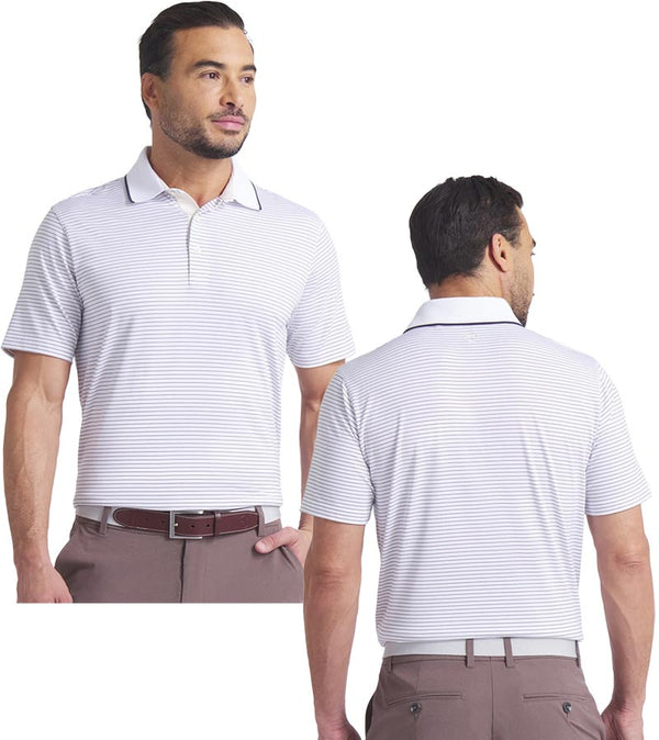 Puma Mens MATTR Elevated Stripe Golf Polo in  Alpine Snow / Deep Navy  - partial model front and back views
