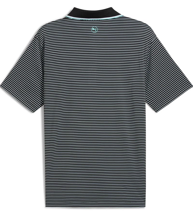 Puma Mens MATTR Elevated Stripe Golf Polo Back in Puma Black / Aquatic has a refined stripe pattern with a bold black collar with light Aquatic accents, complemented by a vibrantly colored accented inner placket for a polished look.