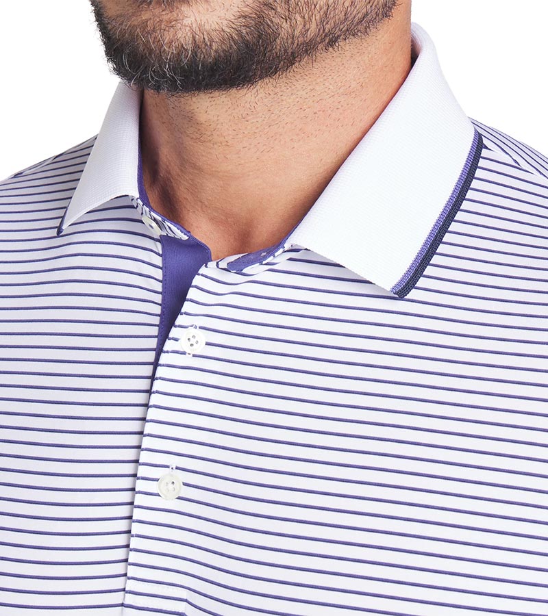 Puma Mens MATTR Elevated Stripe Golf Polo in Blue Crystal / Deep Navy  - closeup of tipped collar and 3 button placket 