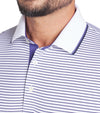 Puma Mens MATTR Elevated Stripe Golf Polo in Blue Crystal / Deep Navy  - closeup of tipped collar and 3 button placket 