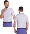 Puma MATTR Elevated Stripe Mens Golf Polo Shirt in Blue Crystal / Deep Navy  - partial model front and back views