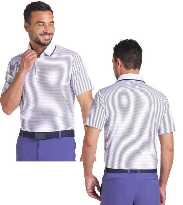 Puma MATTR Elevated Stripe Mens Golf Polo Shirt in Blue Crystal / Deep Navy  - partial model front and back views