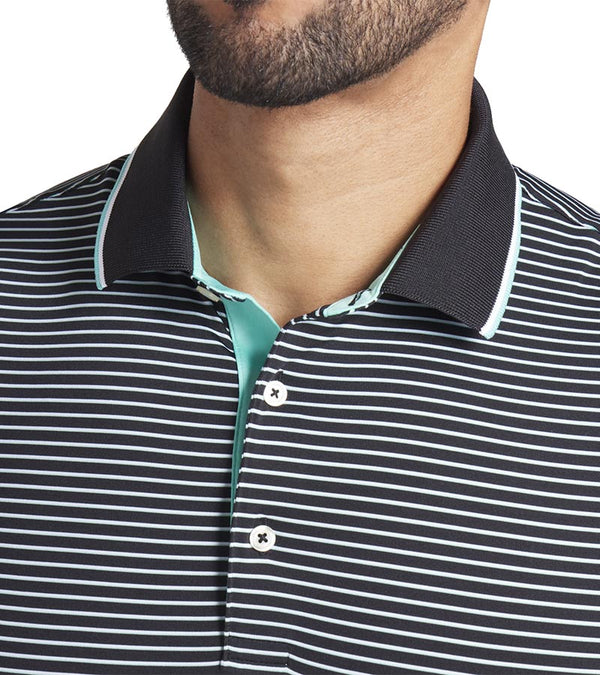 Puma Mens MATTR Elevated Stripe Golf Polo closeup of collar in Puma Black / Aquatic has a refined stripe pattern with a bold black collar with light Aquatic accents, complemented by a vibrantly colored accented inner placket for a polished look.