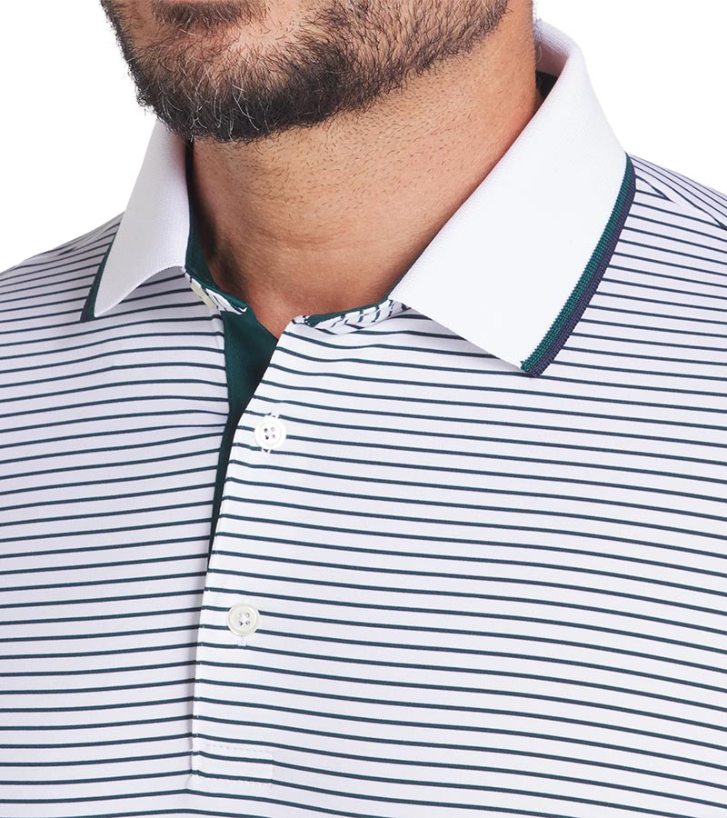 Puma Mens MATTR Elevated Stripe Golf Polo in Dark Myrtle / Deep Navy  - closeup of tipped collar and 3 button placket 