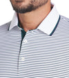 Puma Mens MATTR Elevated Stripe Golf Polo in Dark Myrtle / Deep Navy  - closeup of tipped collar and 3 button placket 