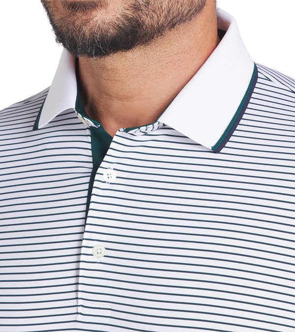 Puma Mens MATTR Elevated Stripe Golf Polo in Dark Myrtle / Deep Navy  - closeup of tipped collar and 3 button placket 