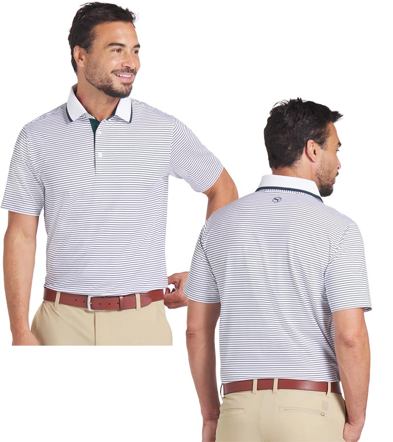Puma Mens MATTR Elevated Stripe Golf Polo in  Dark Myrtle/ Deep Navy - partial model front and back views