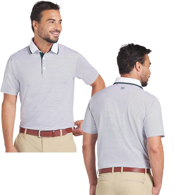 Puma Mens MATTR Elevated Stripe Golf Polo in  Dark Myrtle/ Deep Navy - partial model front and back views
