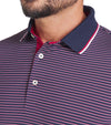 Puma Mens MATTR Elevated Stripe Golf Polo in Deep Navy / Dark Crimson -  closeup of tipped collar and 3 button placket 
