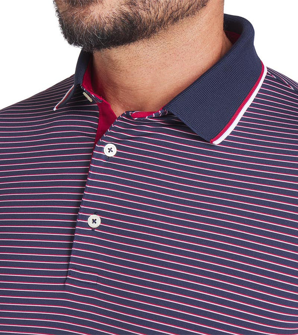 Puma Mens MATTR Elevated Stripe Golf Polo in Deep Navy / Dark Crimson -  closeup of tipped collar and 3 button placket 