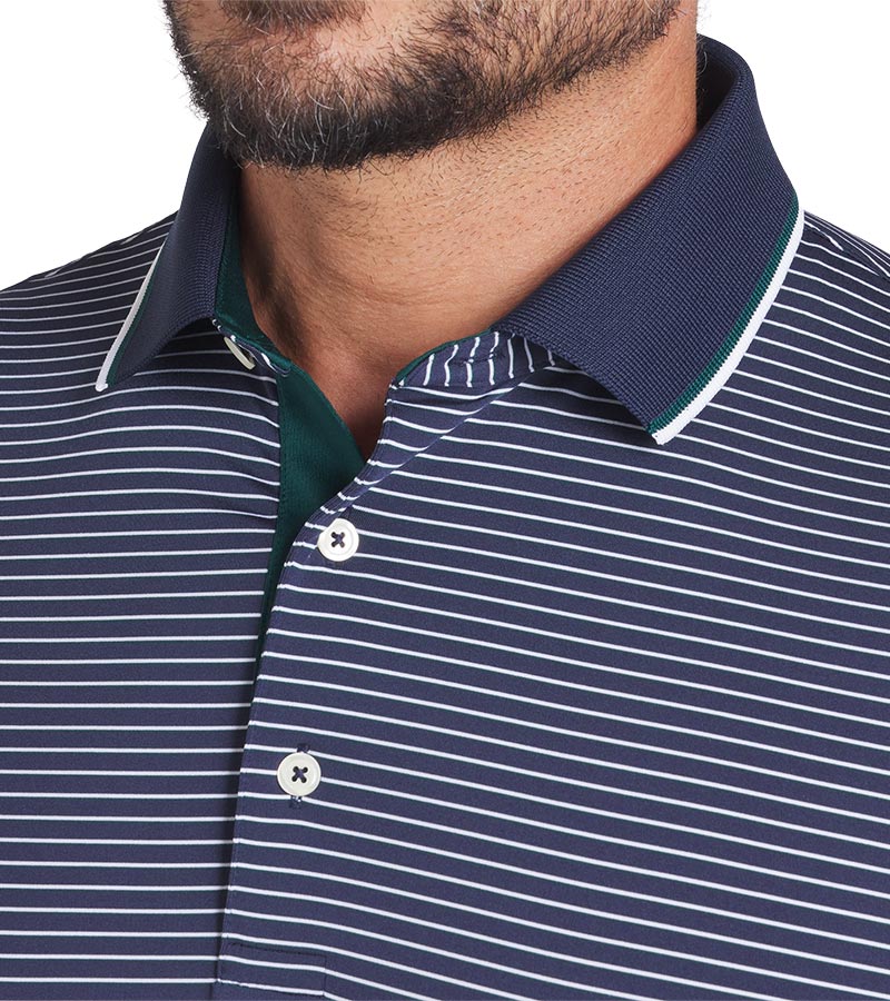 Puma Mens MATTR Elevated Stripe Golf Polo in Deep Navy / Dark Myrtle -  closeup of tipped collar and 3 button placket 