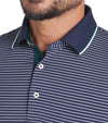 Puma Mens MATTR Elevated Stripe Golf Polo in Deep Navy / Dark Myrtle -  closeup of tipped collar and 3 button placket 