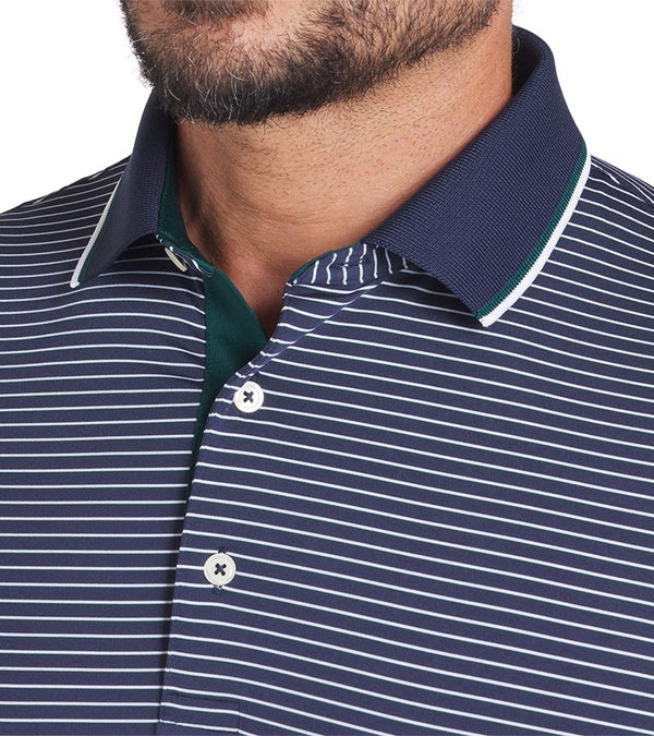 Puma Mens MATTR Elevated Stripe Golf Polo in Deep Navy / Dark Myrtle -  closeup of tipped collar and 3 button placket 