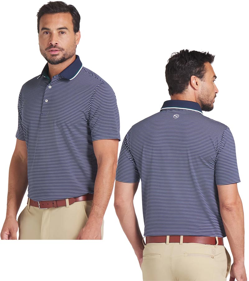 Puma Mens MATTR Elevated Stripe Golf Polo in  Deep Navy/Dark Myrtle   - partial model front and back views