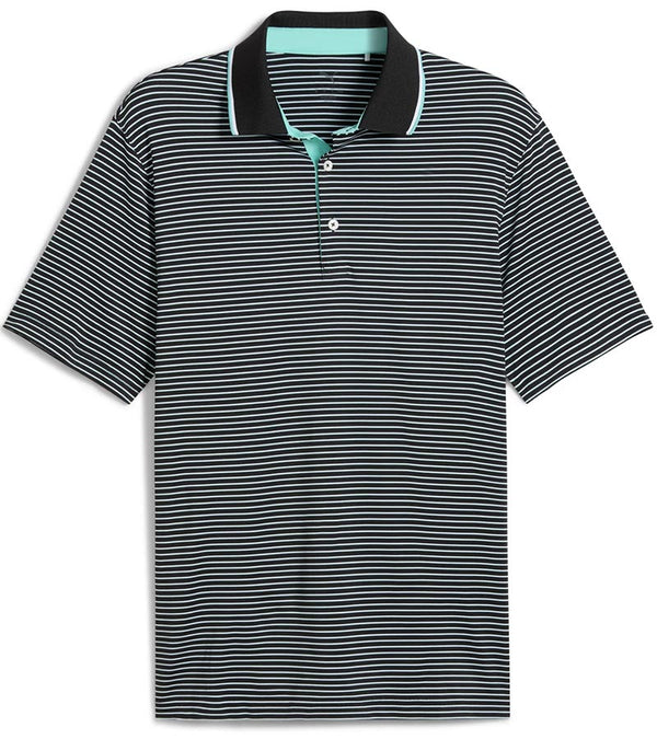 Puma Mens MATTR Elevated Stripe Golf Polo Front in Puma Black / Aquatic has a refined stripe pattern with a bold black collar with light Aquatic accents, complemented by a vibrantly colored accented inner placket for a polished look.