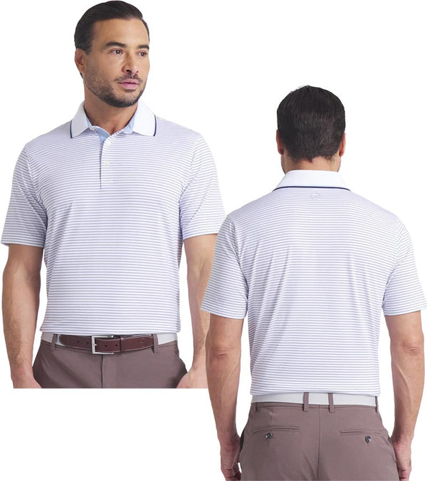 Puma MATTR Elevated Stripe Mens Golf Polo Shirt in Haute Tropic / Deep Navy- partial model front and back views
