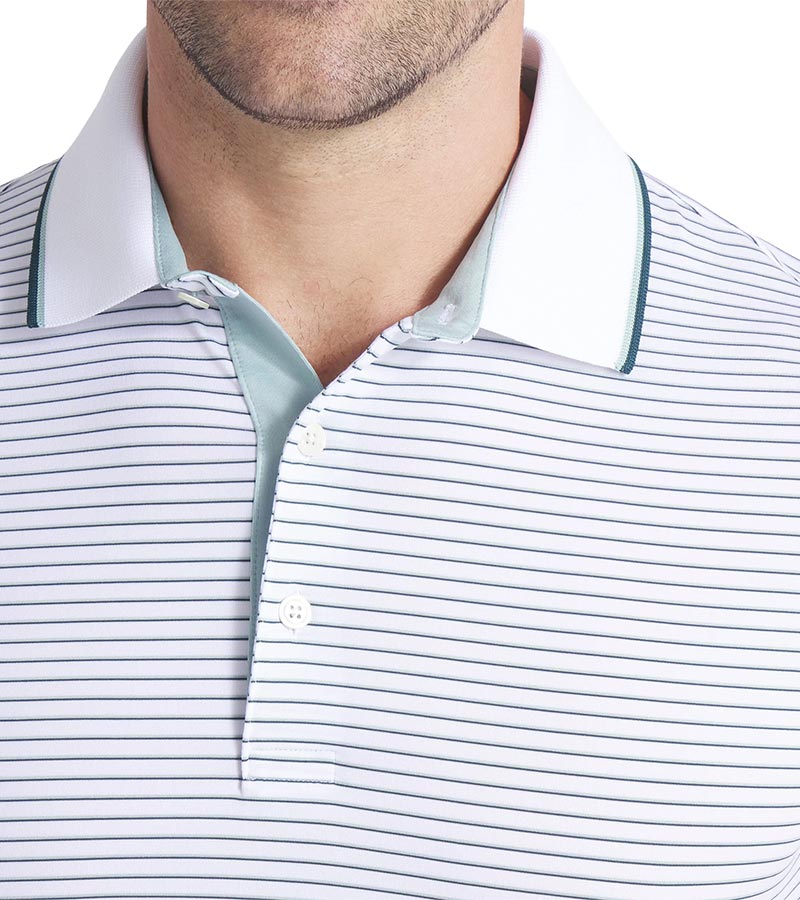 Puma Mens MATTR Elevated Stripe Golf Polo in Light Moss / Green Terrain - closeup of tipped collar and 3 button placket