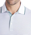 Puma Mens MATTR Elevated Stripe Golf Polo in Light Moss / Green Terrain - closeup of tipped collar and 3 button placket