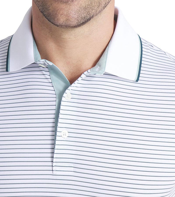 Puma Mens MATTR Elevated Stripe Golf Polo in Light Moss / Green Terrain - closeup of tipped collar and 3 button placket
