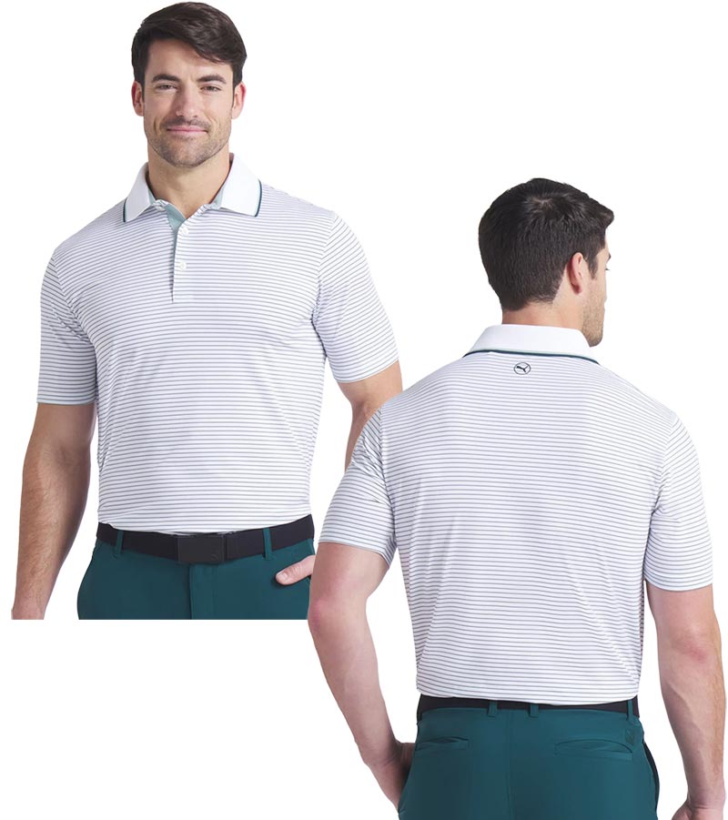 Puma Mens MATTR Elevated Stripe Golf Polo in  Light Moss / Green Terrain  - partial model front and back views