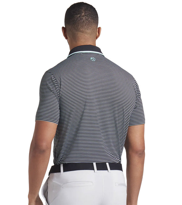 Puma Mens MATTR Elevated Stripe Golf Polo Model Back in Puma Black / Aquatic has a refined stripe pattern with a bold black collar with light Aquatic accents, complemented by a vibrantly colored accented inner placket for a polished look.