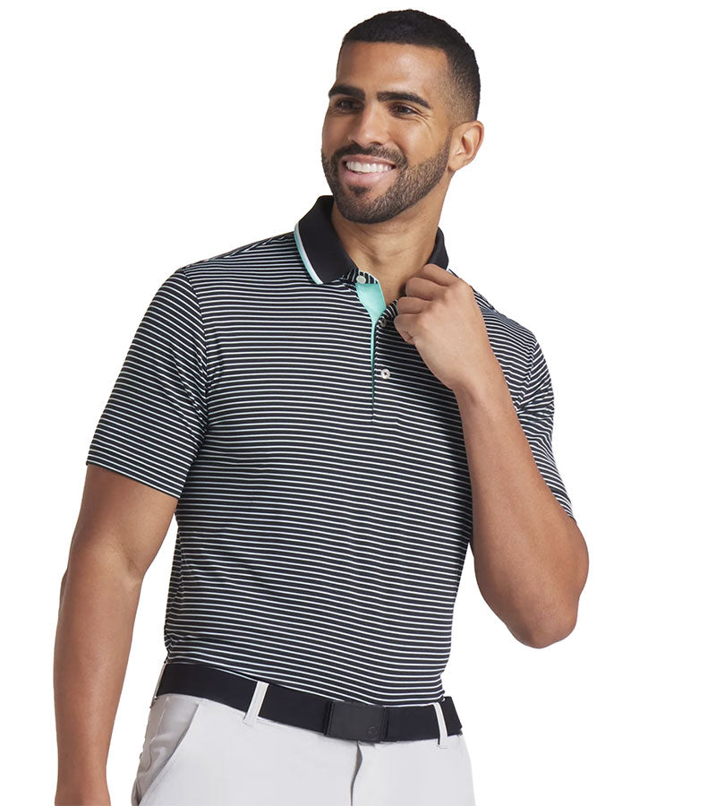 Puma Mens MATTR Elevated Stripe Golf Polo Model Front in Puma Black / Aquatic has a refined stripe pattern with a bold black collar with light Aquatic accents, complemented by a vibrantly colored accented inner placket for a polished look.