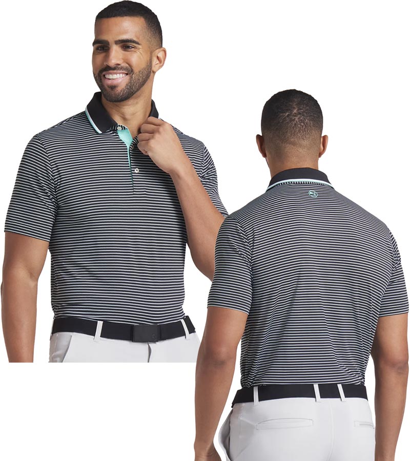 Puma MATTR Elevated Stripe Mens Golf Polo Shirt in  Puma Black / Aquatic- partial model front and back views