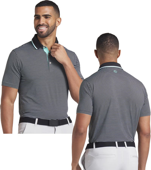 Puma MATTR Elevated Stripe Mens Golf Polo Shirt in  Puma Black / Aquatic- partial model front and back views