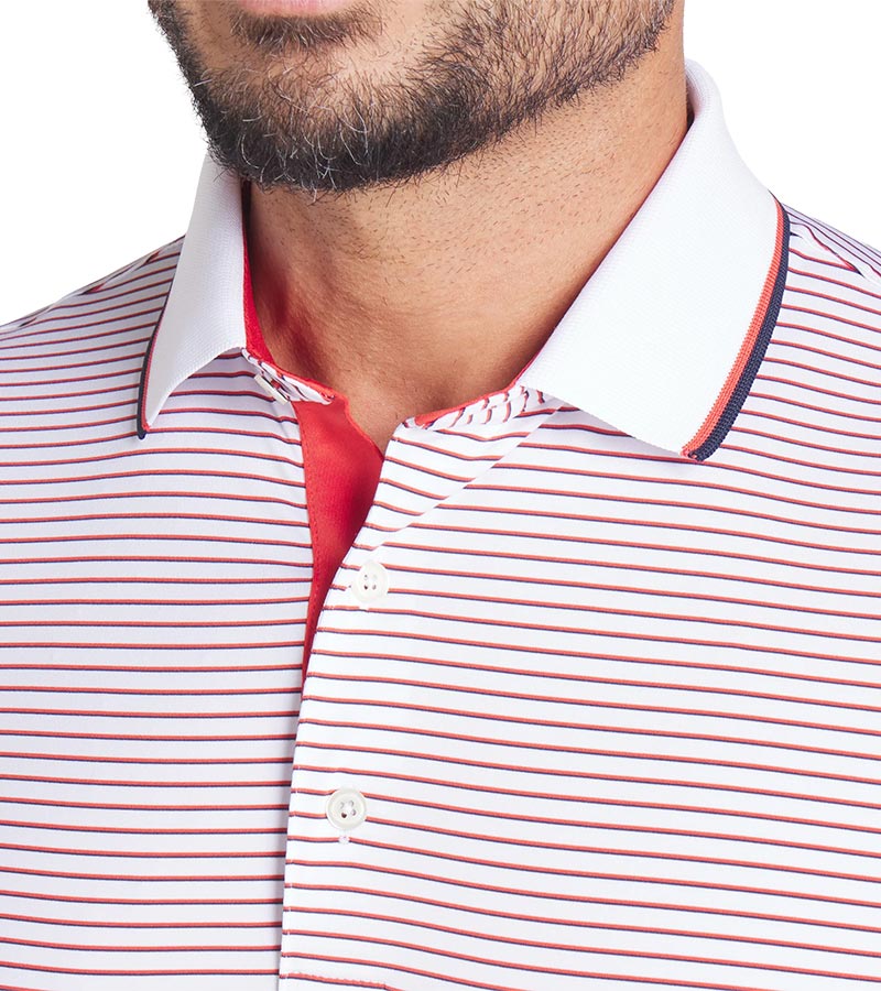 Puma Mens MATTR Elevated Stripe Golf Polo in Red Fire / Deep Navy  - closeup of tipped collar and 3 button placket 